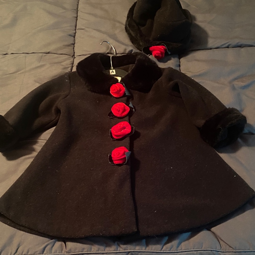 Starting Out Black Pea Coat with Red Floral Accents